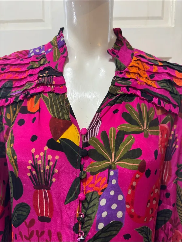 Farm Rio Jungle Print Maxi Dress Womens Pink Leopard Monkey Long Sleeve Sz S - Image 5