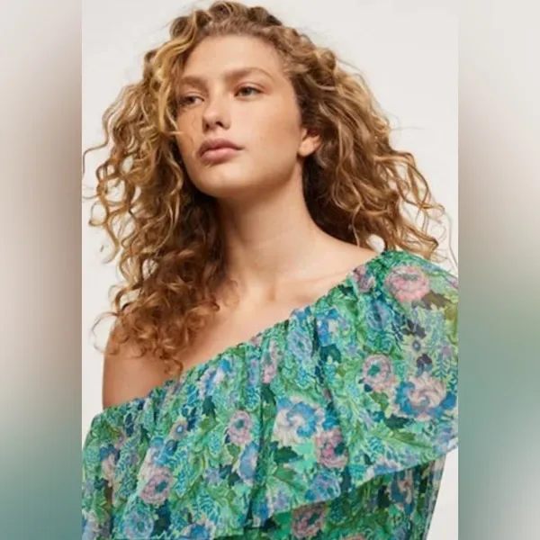 Mango Ruffle One-Shoulder Frill Hem‎ Floral Print Maxi Dress Green Size 2 - Image 4