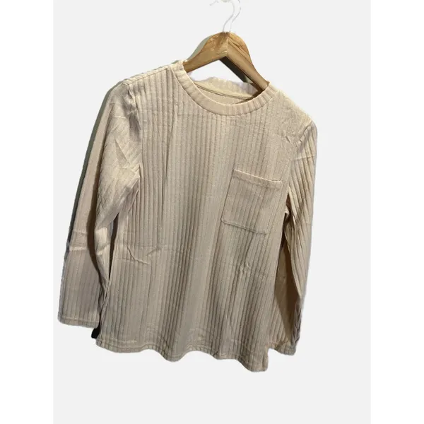 Unbranded Ribbed Knit Top Womens Medium‎ Beige Long Sleeve Pocket Casual Basic - Image 2