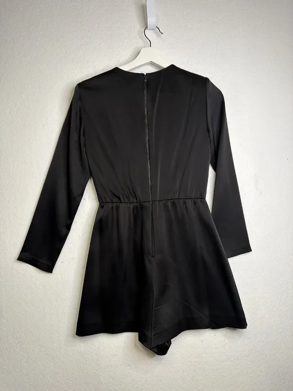 Alice + Olivia Demo Long Sleeve Satin Romper with Ruffle Detail - Image 8