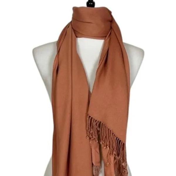 Women’s Bundle 3 Oblong Scarfs Solid Neutral Color Fringe Tan Orange Brown Tan - Image 4