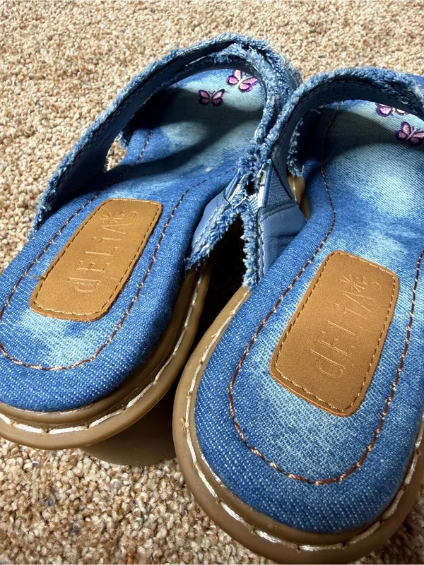 Delia's by Dolls Kill Star Worthy Cross Strap Slides 7 Denim Block Heel Sandals - Image 6