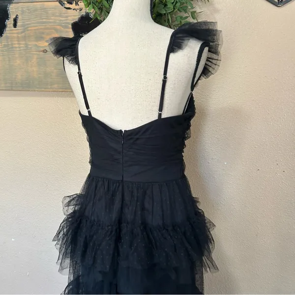 Lulus Black Swiss Dot Tiered Maxi Dress Open Back Mesh Formal Wedding Guest M - Image 6