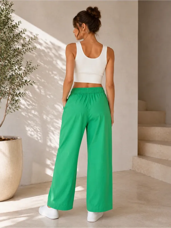 HYFVE Green Wide-Leg Elastic-Waist Pants Cotton Pockets M - Image 2