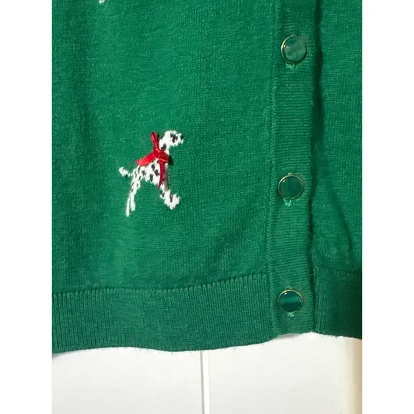 Talbots Petites Womens LP Green Dalmatian Dog Cardigan Cashmere Blend Holiday - Image 4