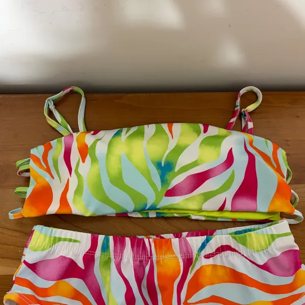 Love 83‎ Swim Neon Rainbow Zebra Bikini Set High Waist Bandeau Medium - Image 2
