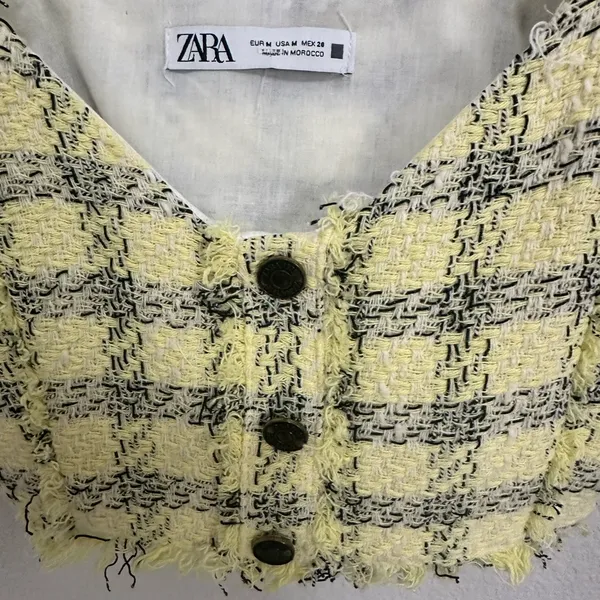 Zara Textured Weave Frayed Hem Yellow Black Tweed Clueless Crop Top Y2K Medium - Image 5
