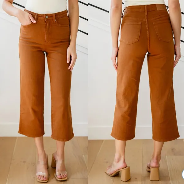 Judy Blue High Rise‎ Control Top Wide Leg Crop Jean Camel Brown Size 13 / 31 - Image 2