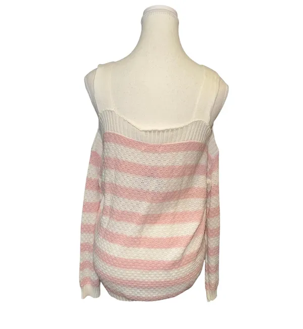 Pink & white stripe cold shoulder knit sweater - Image 3