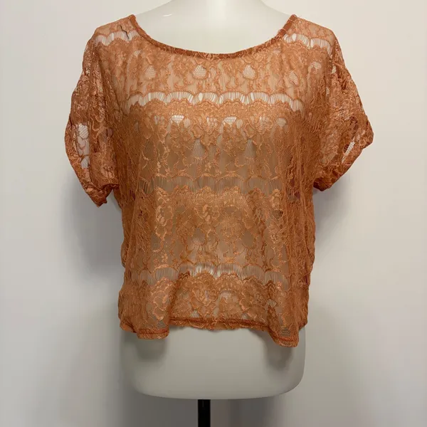 XXI Lace Top Large Orange Sheer Floral Scalloped Eyelash Trim Short Sleeve Y2K - Image 2