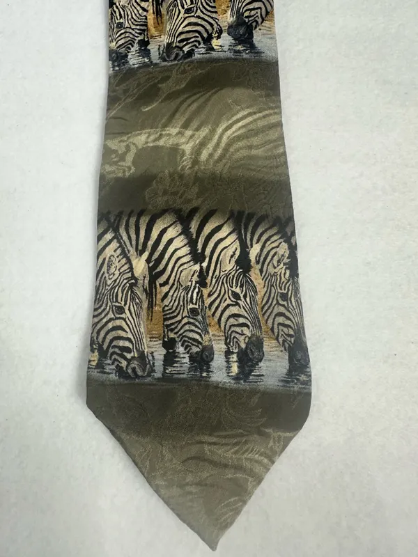 Endangered Species Mens Tie Silk Art Zebras At The Waterhole Necktie Vintage - Image 9