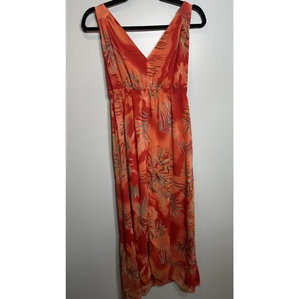 LINEA DOMANI Dress Orange-Red Hawaiian Resort Maxi V-neck Sleeveless Size 10 - Image 3