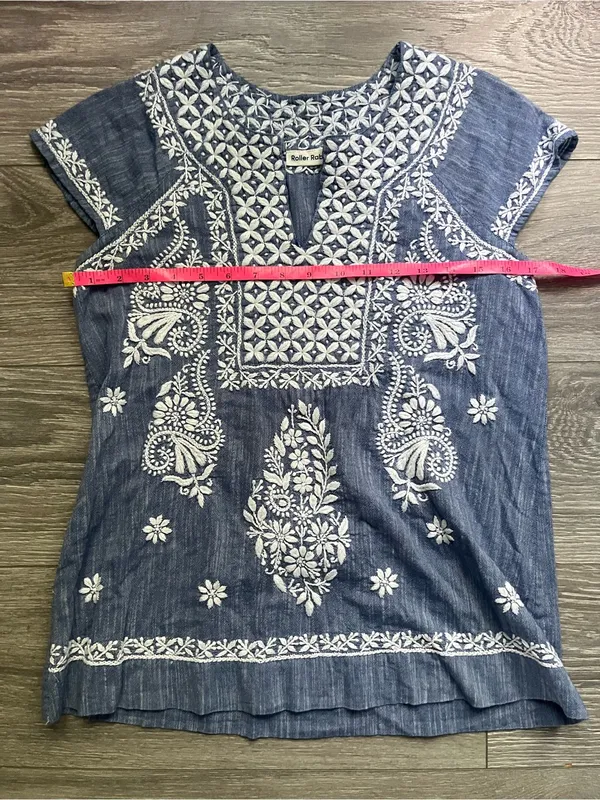 Roller Rabbit Blue White Cap Sleeve Embroidered 100% Cotton Boho Preppy Top S - Image 8