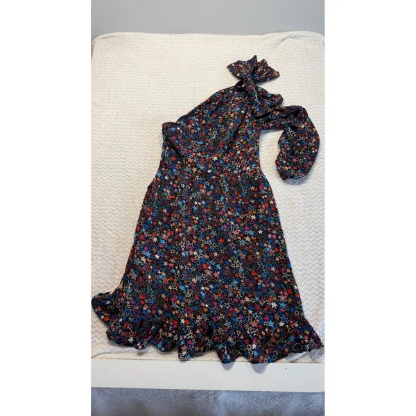 J.Crew Womens One Shoulder Star Print Ruffle Hem Dress Navy Multi Size 4 - Image 3