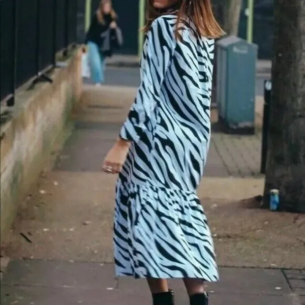Zara Womens Dress Sz M‎ Powder Blue Black Zebra Animal Print Shirt Long - Image 3