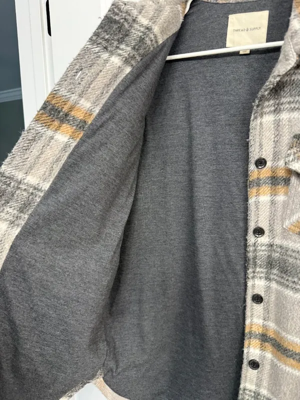 Thread & Supply Charcoal Taupe Plaid Fleece Shacket Women’s S - Image 5