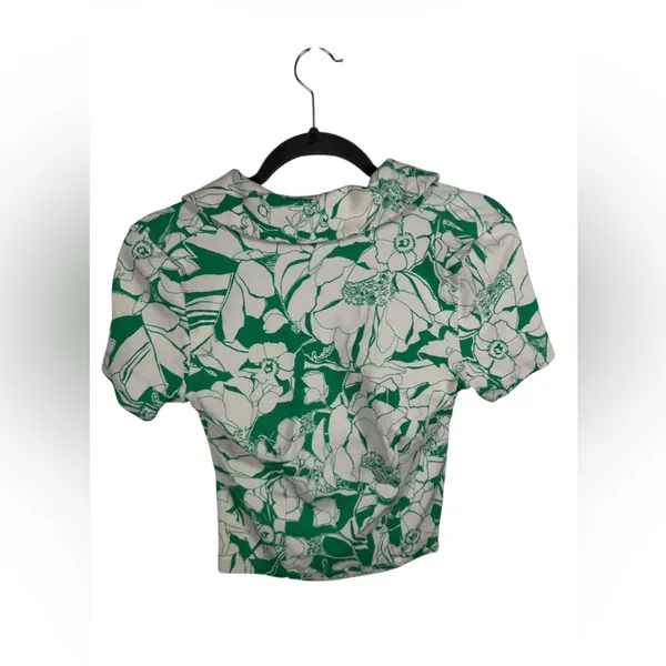 Maeve Anthropologie Green‎ Floral Ruched Button Front Top Size Small Collared - Image 4