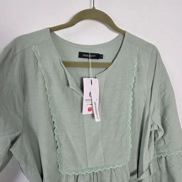 NEW Merokeety Peasant Maxi Dress Sage Pistachio Green Boho Cottagecore Modest L - Image 5