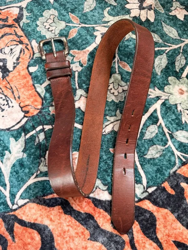 Vintage Chunky Brown Genuine Leather Belt with Solid Brass Buckle Silver Size 34 - Image 2