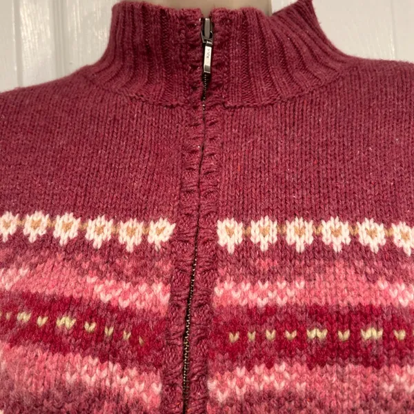 VTG L L Bean Wool Fair Isle Nordic Ski Full Zip Cardigan Sweater L‎ rustic cozy - Image 5