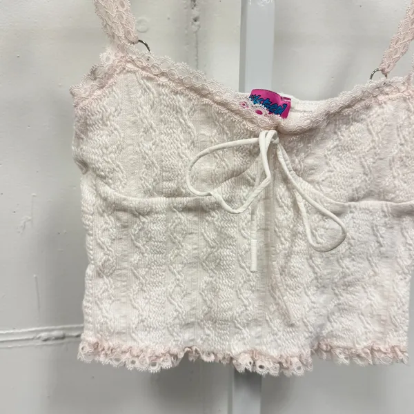 Edikted White Pointelle Knit Lace Trim Crop Camisole Top XS Coquette Y2K Stretch - Image 4