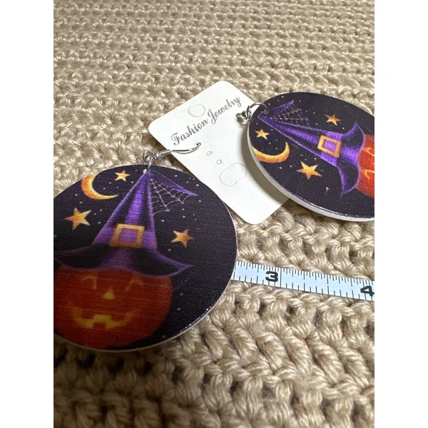 Handmade Halloween Jack-O-Lantern Witch Hat Wood Drop Earrings Purple Orange Black Star - Image 2