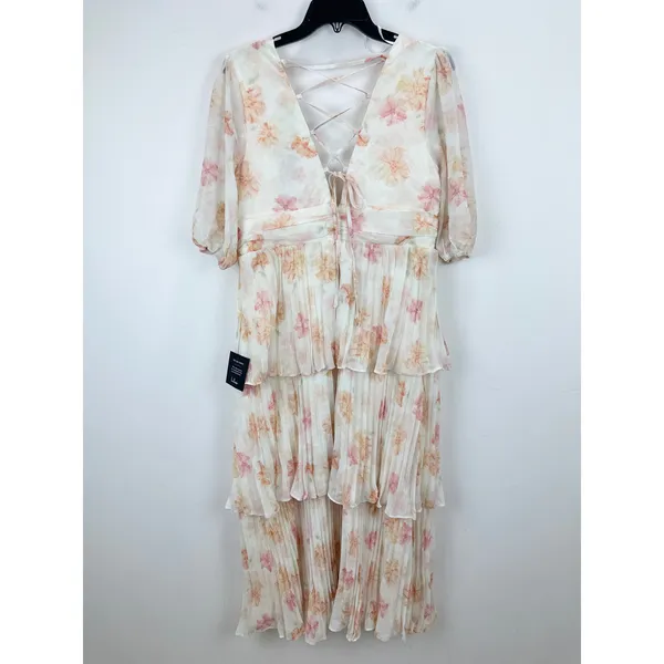Lulus Jadia Ivory Floral Pleated Tiered Midi Dress Cocktail Party XL NWT - Image 10