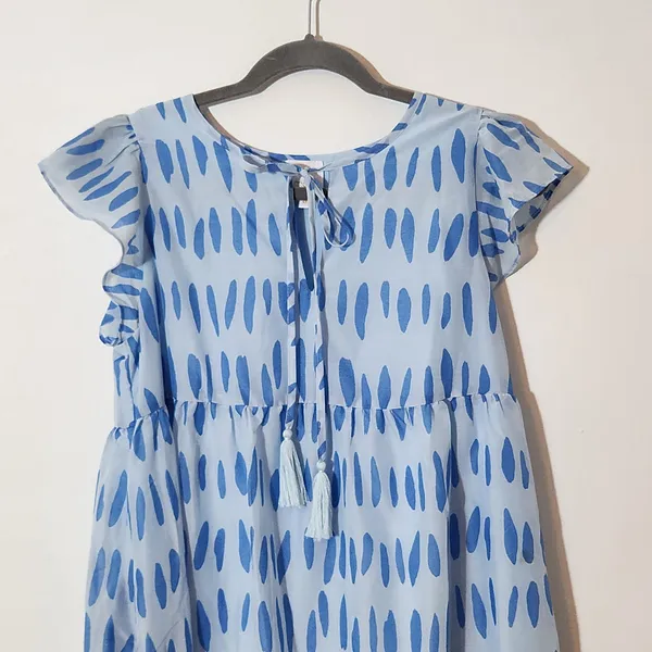 J. Marie Blue Print Ruffle Sleeve Tiered Mini Dress Size Medium NWT - Image 2
