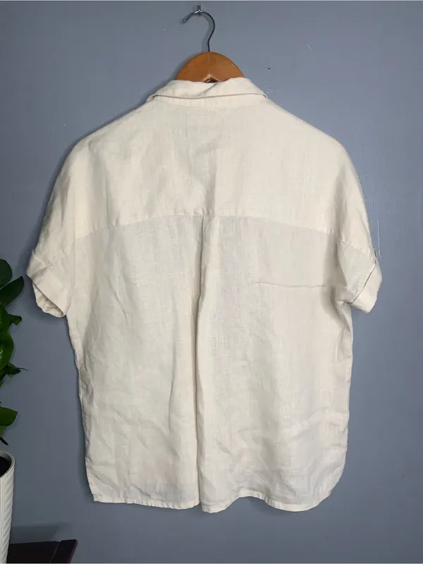 Tahari Cream Short-Sleeve Linen Button-Down Shirt - Medium - Image 4
