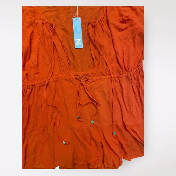 Meshki‎ Orange Skyla Playsuit Romper NWT Off Shoulder V-Neck Tasseled Size M - Image 11