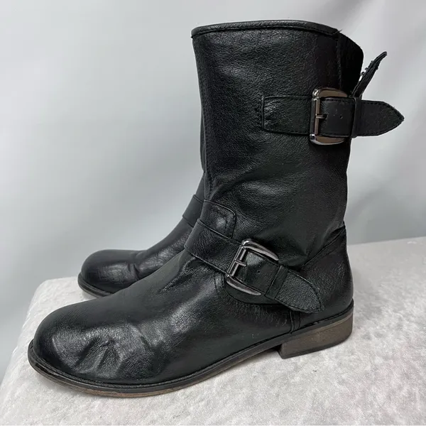 Steve Madden Temmpt Black Leather Mid Rise Boots 8M moto back zipper - Image 9