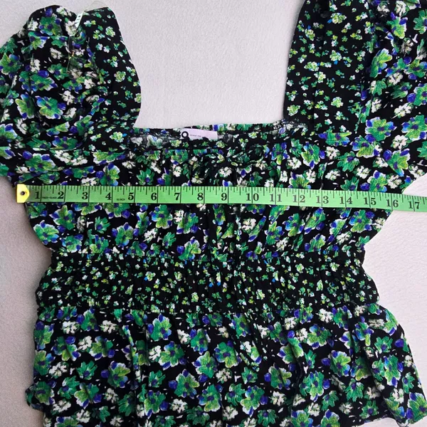 SO Goods For Life -579 Y2K Floral Smocked Peplum‎ Blouse Black Green Blue Large - Image 5