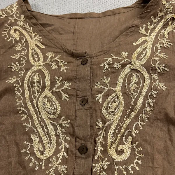 Burette Club Brown Embriodered Neckline & Sleeve Cottagecore Boho Button Blouse - Image 2