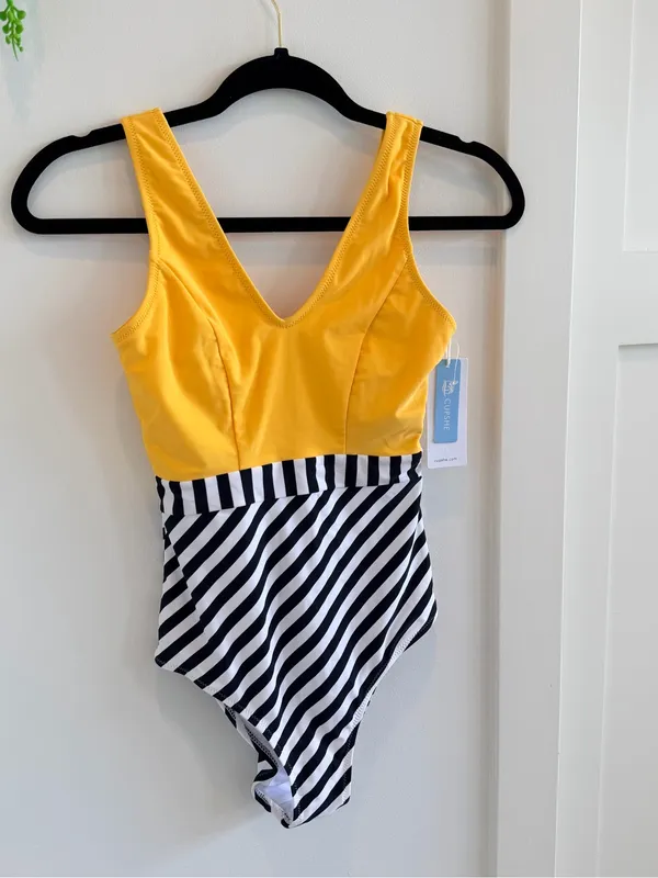 Cupshe Yellow and Black-White Striped One-Piece Swimsuit - Image 2