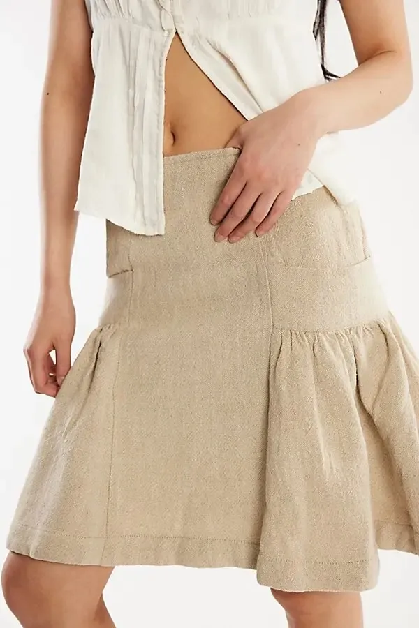Free People Neutral Beige Textured linen and cotton A-Line Ruffle Skirt - Image 4