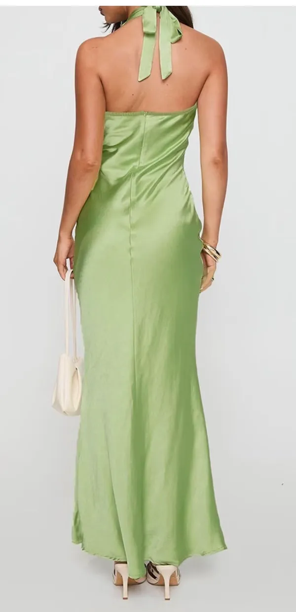Satin Halter Maxi Dress Green - Image 2