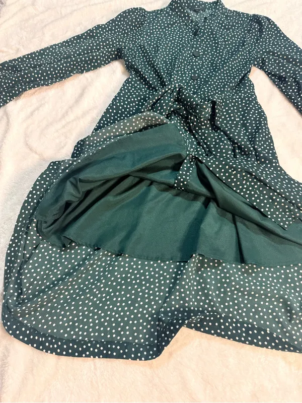 Lumie Dark Green Polka Dot Midi Dress with Tie Waist - Image 6