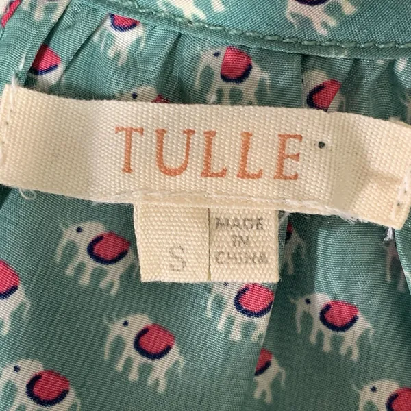 Tulle Elephant Print Blouse Women Small‎ Teal Green Tie Neck Shoulder Cutout Top - Image 2