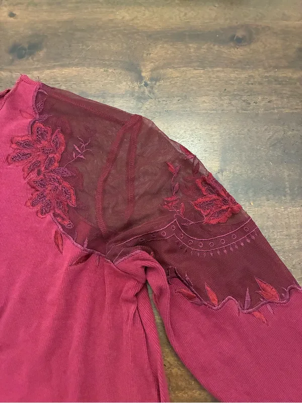 Free People Top Daniella Illusion Women’s Small Burgundy Lace Long Sleeve - Image 3