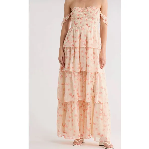 NWT Beivy Orange Floral Off-The-Shoulder Tiered Maxi Dress Size M Boho - Image 3