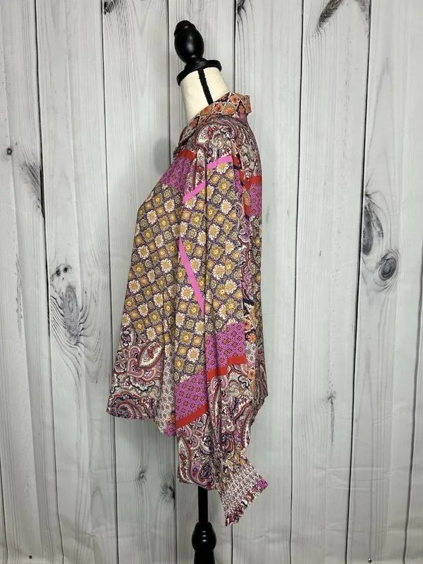 ee:some Sheer Button Up Blouse Sz M Floral Boho Chic Peasant Ruffle Cottagecore - Image 4