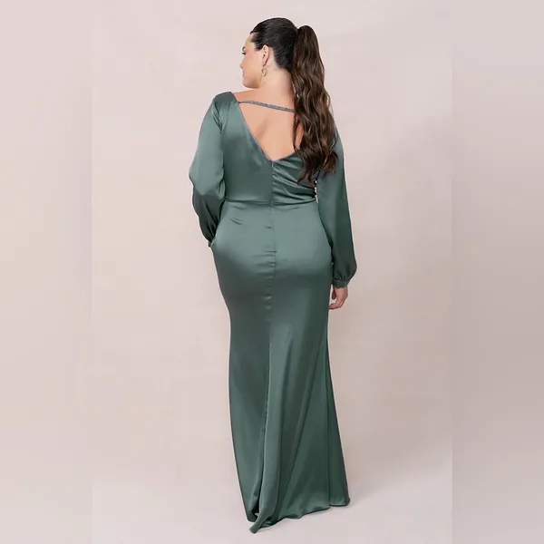 Revelry Vera Satin Bridesmaid Dress Long Sleeve Champagne Taupe Sz 8 Formal Gown - Image 9
