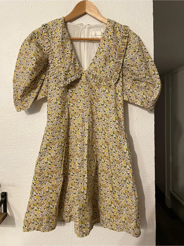 Anthropologie Yellow Floral Mini Dress Ruffle Short Sleeve Collared Printed SZ 4 - Image 3