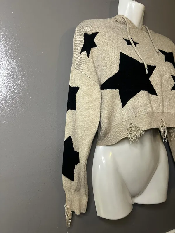 Social Collision Sweater Womens Sm/Med Beige Star Hooded Distressed Cropped - Image 3