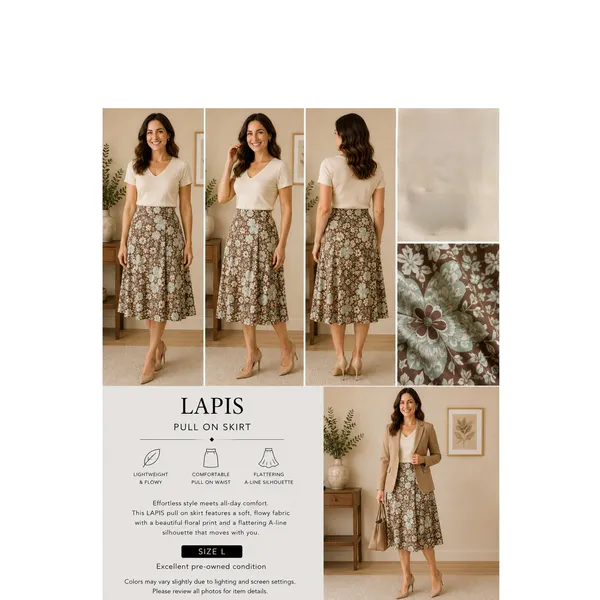 Lapis Floral Skirt Womens Size L Brown Blue A Line Pull On Mid Rise Flowy Comfy - Image 13