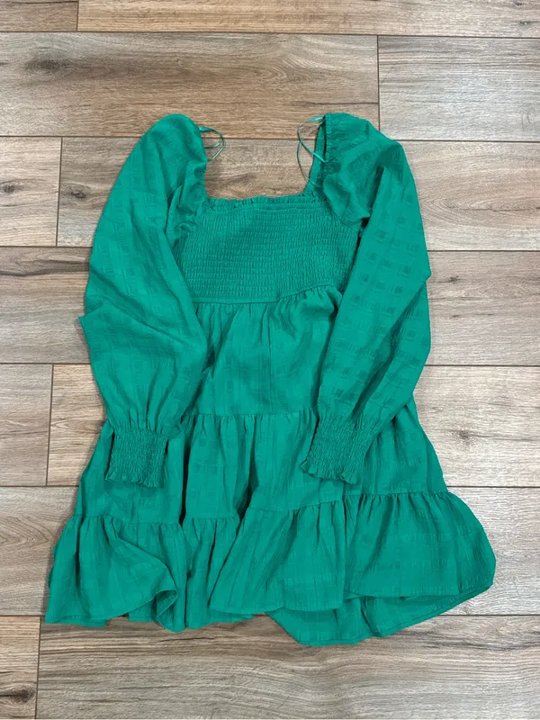 Emerald Green Boho Long Sleeve Ruffled Babydoll Tiered Midi Dress | Size Small - Image 5