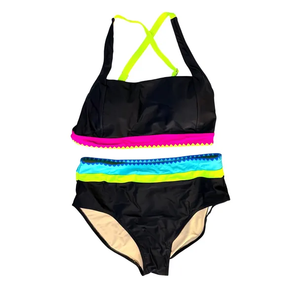 NWT Blooming Jelly High Waisted Bikini Set Tummy Control Neon Color Block Large - Image 5