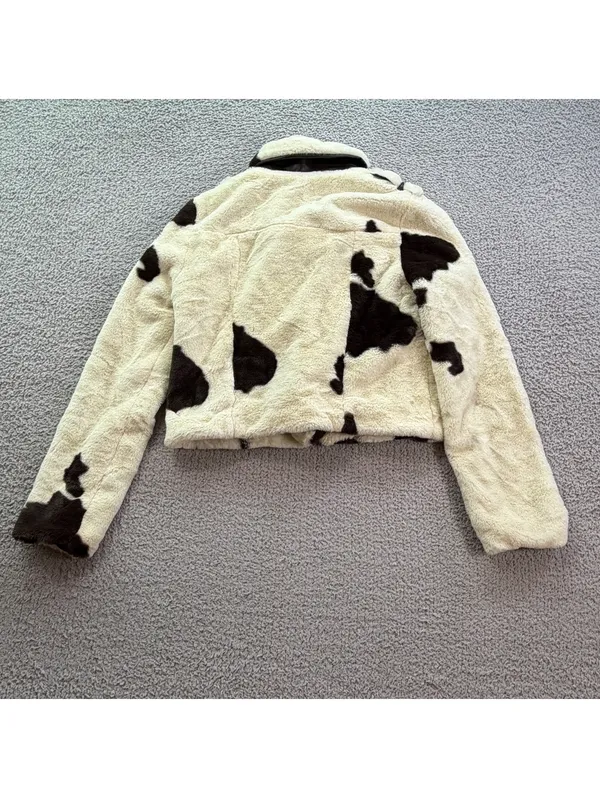 Forever 21 Womens Cow Print Faux Fur Cropped Moto Jacket Biker Zip Cream Brown S - Image 2