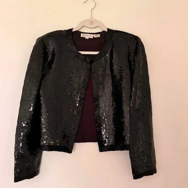 VTG Ann Taylor Silk Sequined Beaded Cropped Bolero Shoulder Pads Jacket S - Flaw - Image 2