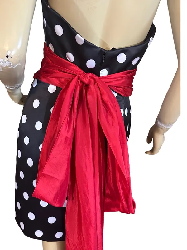 Sherri Hill Black W/White Polka Dots And Over-Sized Red Sash Mini Dress (6) - Image 8